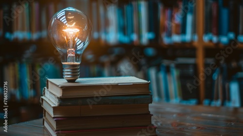 A light bulb on books in a library. The power of knowledge