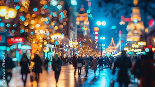 people walking by the busy street. Night city background full of lights. Copy space.