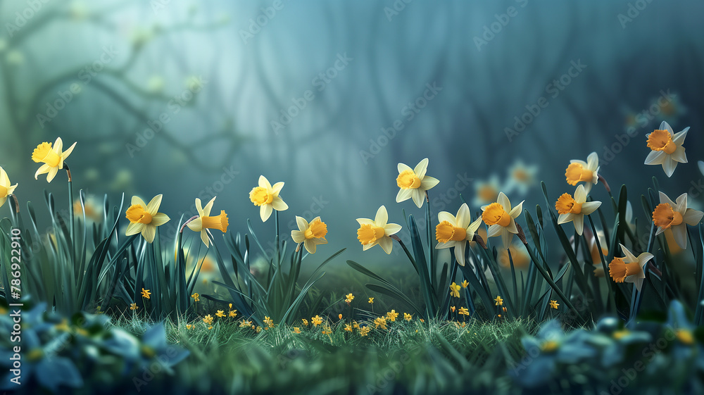 Fototapeta premium Fantasy-themed Daffodil Day background in a surrealistic and photorealistic style, featuring daffodils in a dream-like setting, clean and creative, perfect for dynamic visuals