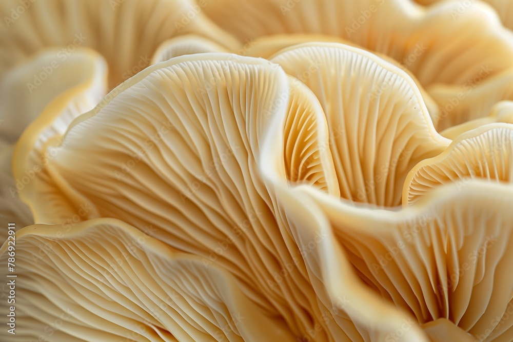 A closeup of the edge and texture of an oyster mushroom, showcasing its unique patterned edges in neutral tones. The soft cream background highlights details. Soft natural light, macro