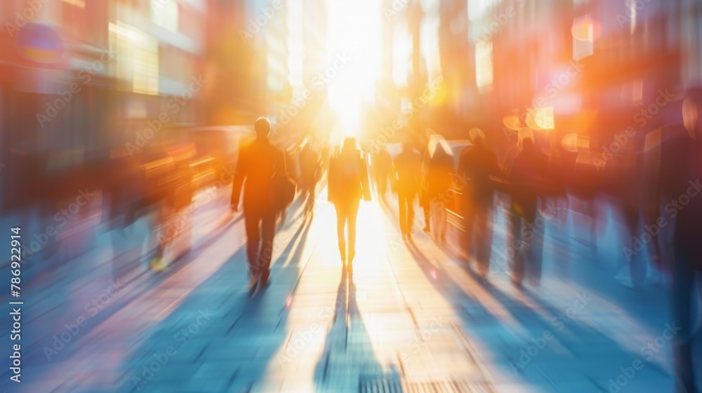 Fototapeta premium People walking by the busy street. Sunset background with serene light. Copy space.