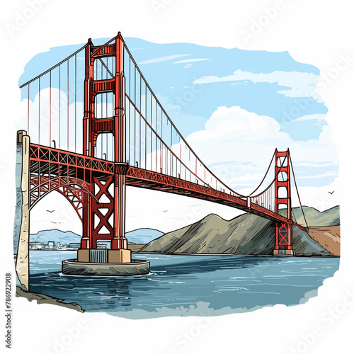 Golden Gate Bridge. Golden Gate Bridge hand-drawn comic illustration. Vector doodle style cartoon illustration