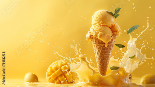Mango ice cream with fruit on yellow background