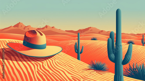 Illustration of a Mexican hat cross-section  artistically transformed into a serene desert scene with striking cactus shapes  minimalist design