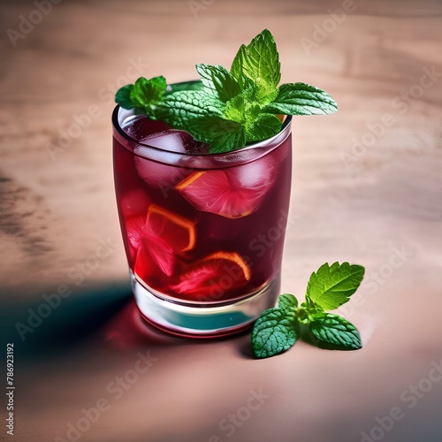 A glass of iced mint hibiscus tea with a mint leaf2 photo