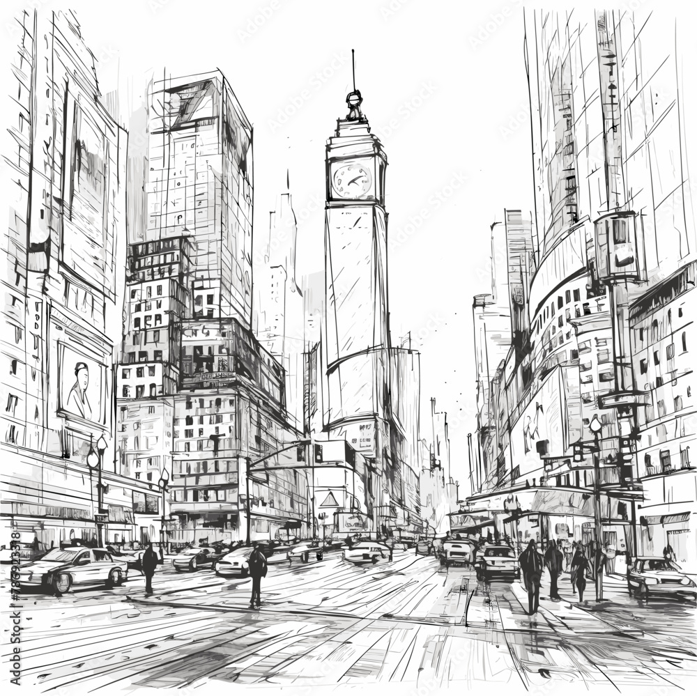 Obraz premium Times Square. Times Square hand-drawn comic illustration. Vector doodle style cartoon illustration
