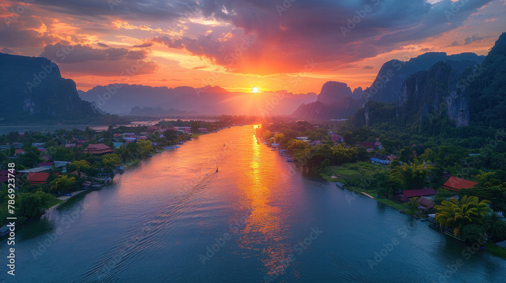 Aerial perspective captures Vang Vieng's beauty at dusk.