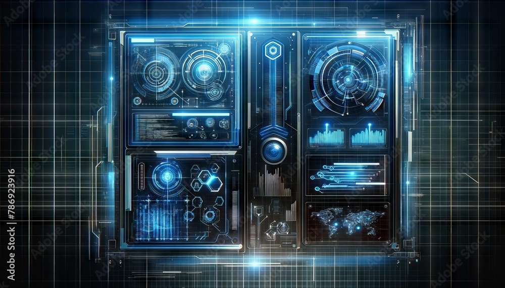 Fototapeta premium A sleek robot interface with translucent neon panels displaying futuristic code and diagrams against a deep blue digital grid backdrop.