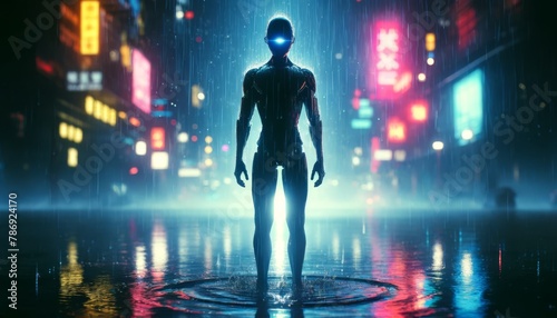 A silhouette of a humanoid android standing in the rain with the neon city lights reflecting off the wet surfaces and its visor. © FantasyLand86