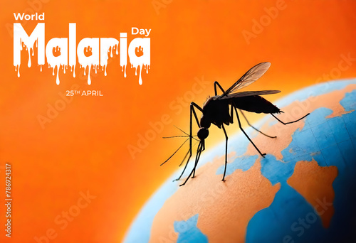 World Malaria Day. Mosquito and world map Globe. Gnat mosquito ban icon. Stop malaria symbol Illustration. April 25. Important day mosquitoes causing malaria day, banner design © Saqib
