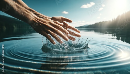 A hyper-realistic image of hands gently skimming the surface of a crystal-clear lake, creating delicate ripples. photo