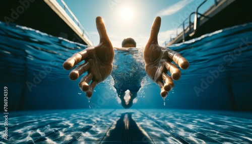 A hyper-realistic image of a diver captured from a first-person perspective just before plunging into the water, with detailed view of the hands outst. photo