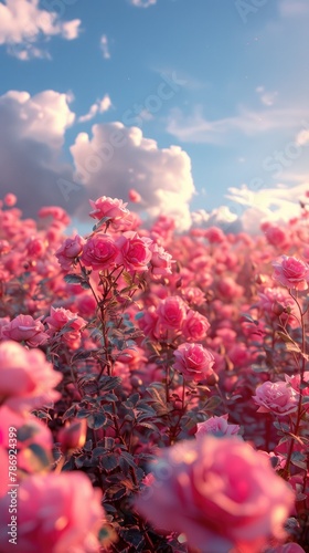 Pink flowers bloom all over the valley, the sunlight shines