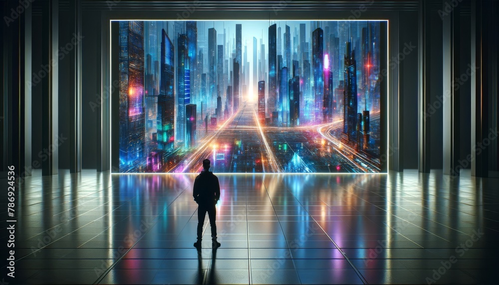 A person in silhouette is facing a large, high-definition screen displaying a futuristic city in vivid colors.
