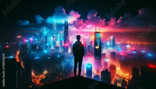 A single figure standing on a high vantage point overlooking a sprawling cityscape at night.