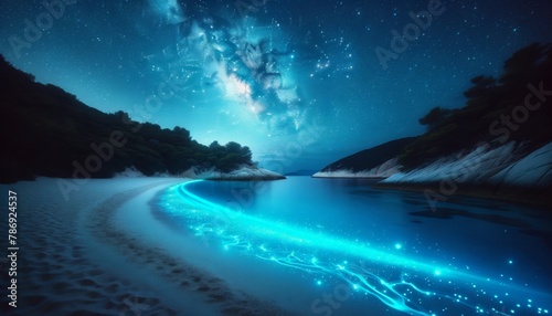A secluded beach with crystal clear water glowing with bioluminescence under the stars, in a tranquil and captivating scene without any noise or flare. photo