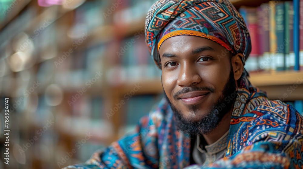 Smile of a Muslim student brightens the library ambiance.