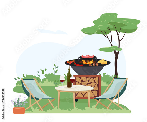 Patio area with cooking grill. House backyard with outdoor kitchen, green plants Garden modern furniture for barbecue and picnic. Outdoor furnished yard for BBQ summer parties Flat vector illustration