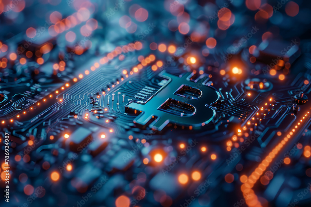 Fototapeta premium A physical Bitcoin coin on an illuminated electronic circuit board, symbolizing the intersection of traditional currency and digital technology..