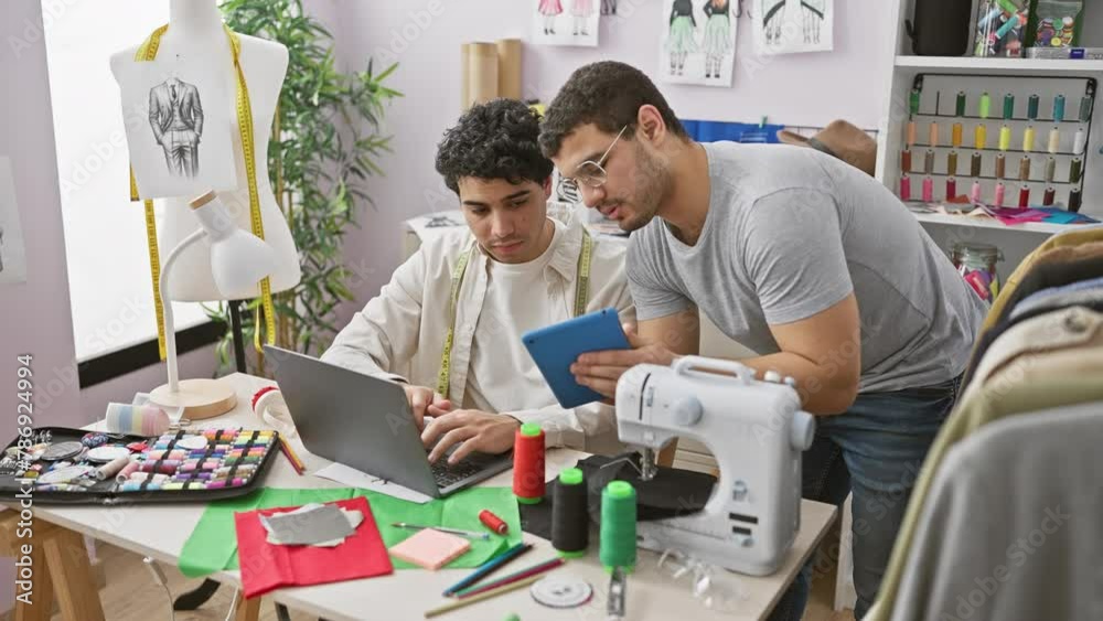 Two men collaborating in a fashion design studio with fabric, sketches, and sewing machine Two men collaborating in a fashion design studio with fabric, sketches, and sewing machine
