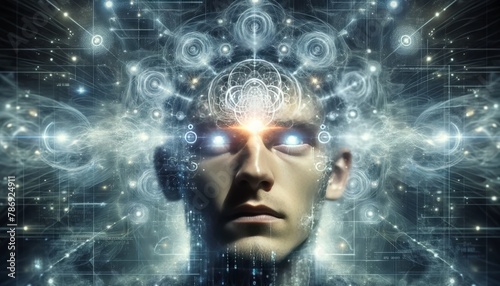A person in a state of deep focus, with eyes emitting a subtle glow, surrounded by a halo of intricate fractal patterns and quantum bits. photo