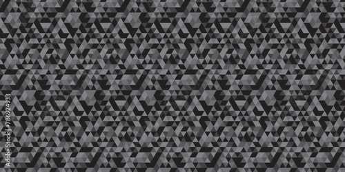 Abstract geometric black and gray background seamless mosaic and low polygon triangle texture wallpaper. Triangle shape retro wall grid pattern geometric ornament tile vector square element.