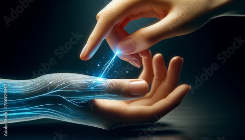 A neural link connector being placed on a person's fingertip, with a digital pulse traveling from the fingertip up the arm. photo