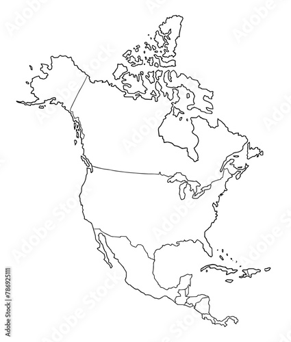 North America continent outline map with country border. Hand drawn illustration.