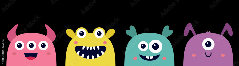 Happy Halloween. Monster icon set line. Cute colorful silhouette face head. Eyes, tongue, fang tooth. Cartoon kawaii scary funny boo baby character. Childish style. Black background Flat design Vector Happy Halloween. Monster icon set line. Cute colorful silhouette face head. Eyes, tongue, fang tooth. Cartoon kawaii scary funny boo baby character. Childish style. Black background Flat design Vector