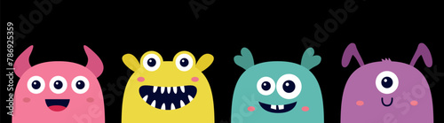 Happy Halloween. Monster icon set line. Cute colorful silhouette face head. Eyes, tongue, fang tooth. Cartoon kawaii scary funny boo baby character. Childish style. Black background Flat design Vector