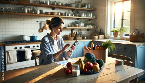 In a brightly lit, contemporary kitchen, a woman sits at a wooden table, deeply engrossed in using her smartphone to navigate a grocery shopping app. photo