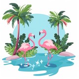 Tropical Flamingos with Palm Trees Illustration