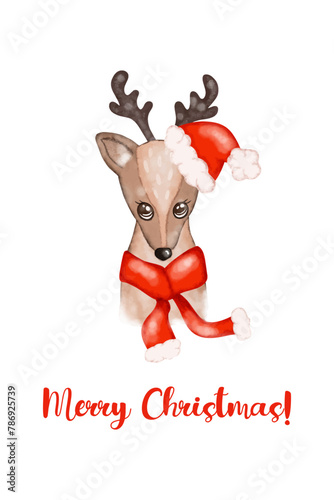 Christmas greeting card cute deer in red santa hat. Hand made not AI