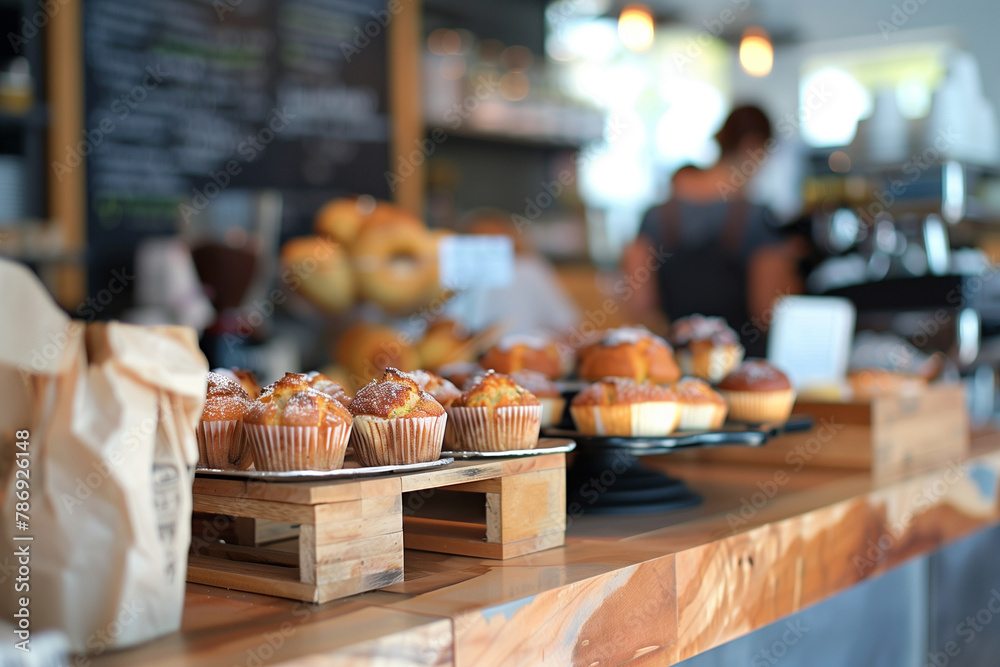 closeup assortment of muffins and loaves on display in front, with the silhouette or blurred figure behind working at a counter or bar area. menu items, adding to the rustic coffee shop ambiance