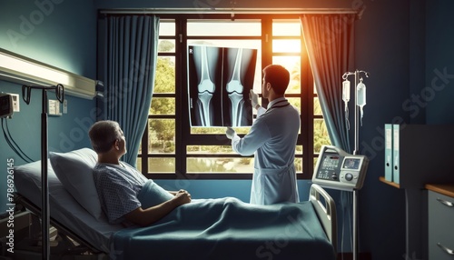 The scene features an orthopedic surgeon holding a knee X-ray up to the window in a patient's room.