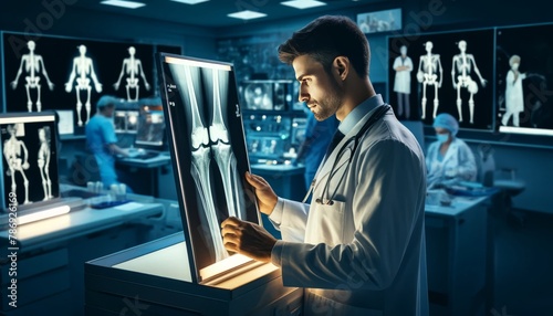 A detailed image of an orthopedic surgeon in a well-lit hospital radiology unit, intently examining a luminescent knee joint X-ray film against a mode. photo