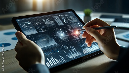 A close shot of a tablet showing a dynamic data visualization dashboard with graphs and charts, with a person interacting with the data points using a.