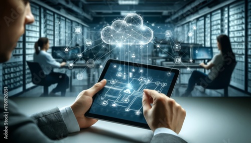 A tablet screen displaying a cloud infrastructure layout with interconnected nodes and services, held by a person with a network of digital connection. photo