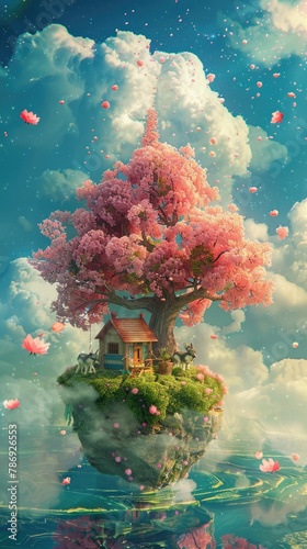 Houses and flowers flying in the air, a fairy tale world