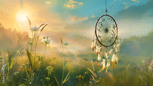 Beautiful dream catcher on nature background with lights, Dream catcher with feathers in the sunlight, A dream catcher, hanging from a twig, with the evening sun, warm and nostalgic background photo