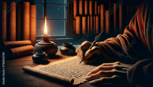 A vignette focusing on the hands of a scribe writing on a piece of papyrus with a stylus, the pot of ink beside him. photo