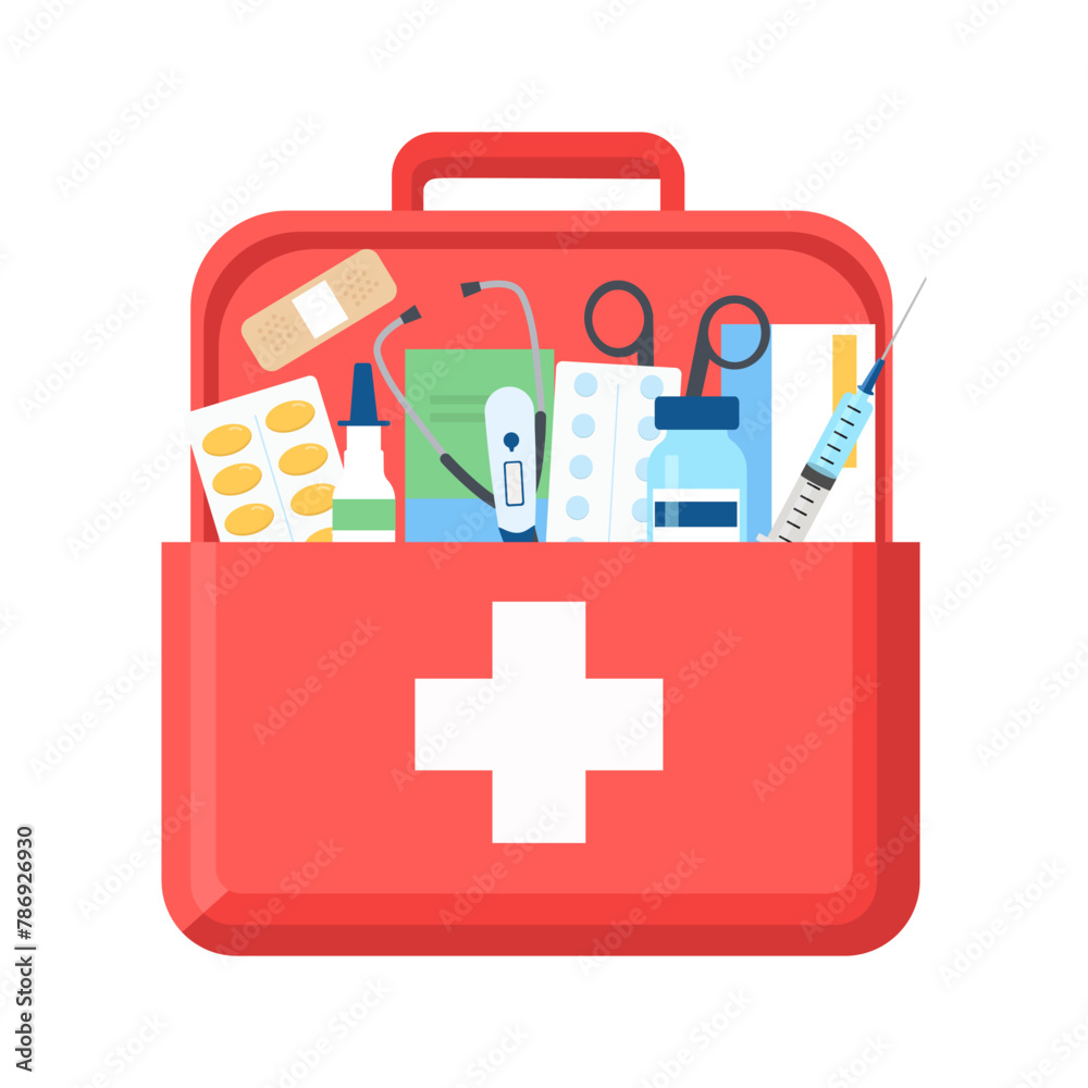 © Oksana - Open Red First Aid Kit. Vector illustration of Doctor Suitcase with Medical Supplies. Vector Illustration © Oksana - Open Red First Aid Kit. Vector illustration of Doctor Suitcase with Medical Supplies. Vector Illustration