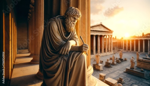 A sage figure leans on a marble column, holding a stylus, with a pensive look on his face as the sunset bathes an ancient Greek agora in a golden ligh. photo