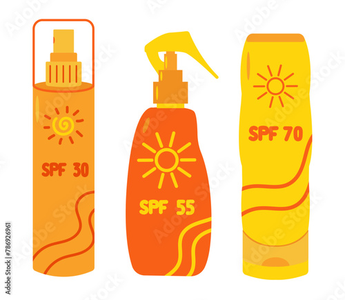 Sunscreen cosmetic set. Different SPF sunblock summer cosmetic: lotion, spray, cream. Anti UV protection, solar skincare products, healthy sunbathing concept.