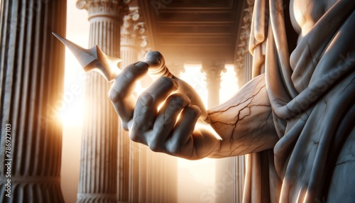 A detailed shot of Zeus' hand, the texture of the marble emphasized by the sunlight, conveying the sense of omnipotent power. photo
