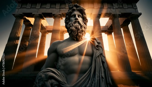 A statue of Zeus captured at the moment of sunrise with rays casting long shadows behind, highlighting the detail of his musculature. © FantasyLand86