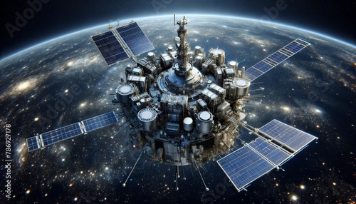A telecom communication satellite's central body detailed with intricate antennas and communication modules, set against the backdrop of a starry sky. photo