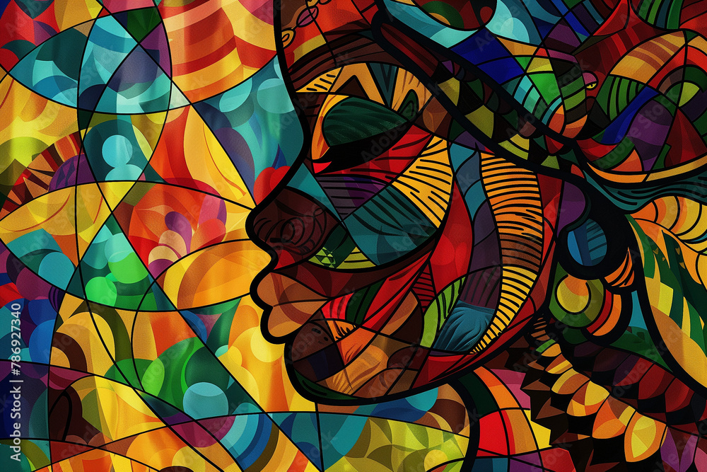 A fusion of geometric shapes and a stylized female face, showcasing vibrant hues and intricate patterns. A fusion of geometric shapes and a stylized female face, showcasing vibrant hues and intricate patterns.