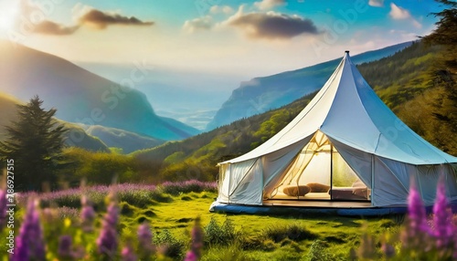 mountain landscape with luxurious glamping tents nestled among lush greenery  offering a glamorous outdoor retreat in the heart of nature  background  tent in the mountains