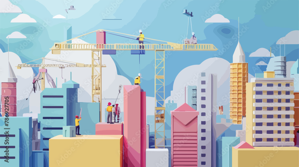 Construction site with engineer and workers vector illustration